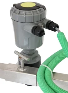 Gauger420 two-wire loop-power ultrasonic level sensor installed on industrial storage tank