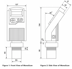 MonoScan mono-block ultrasonic level sensor front and side view with dimensions, integrated display and 4-20mA output