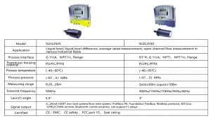 SLDL2550 Split Type Ultrasonic Water Level Gauge technical specification table