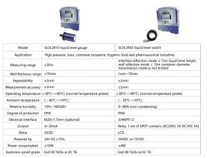 SLDL2850 External Ultrasonic Liquid Level Switch technical specification table