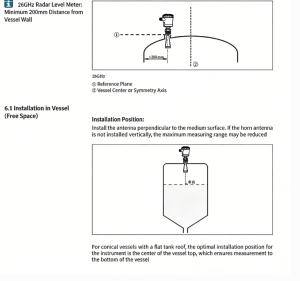 SLDL5228 high temperature high pressure radar level meter installation guide, 26GHz radar minimum 200mm distance from vessel wall